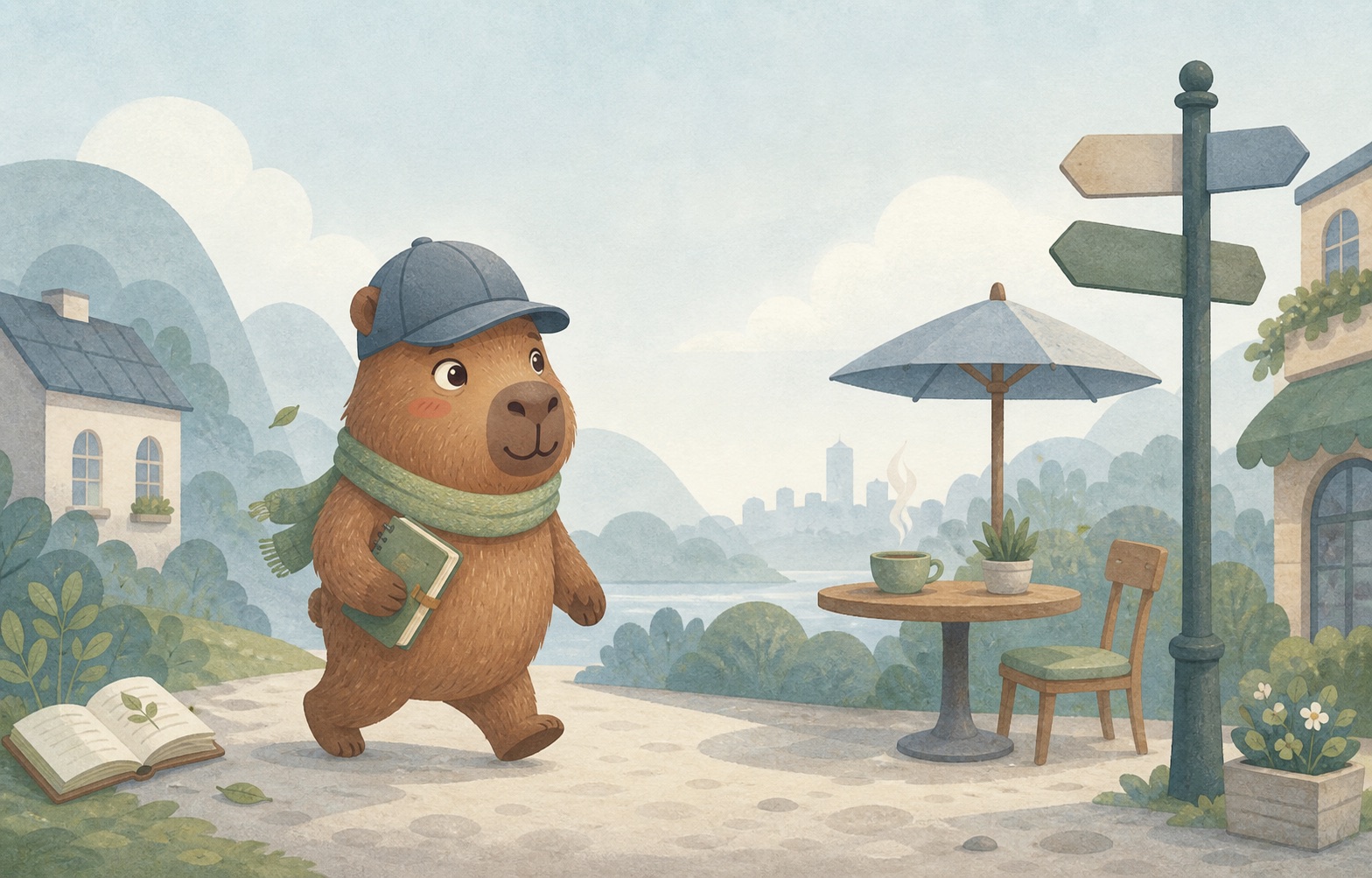 A capybara walks from a book toward a cafe while carrying a notebook